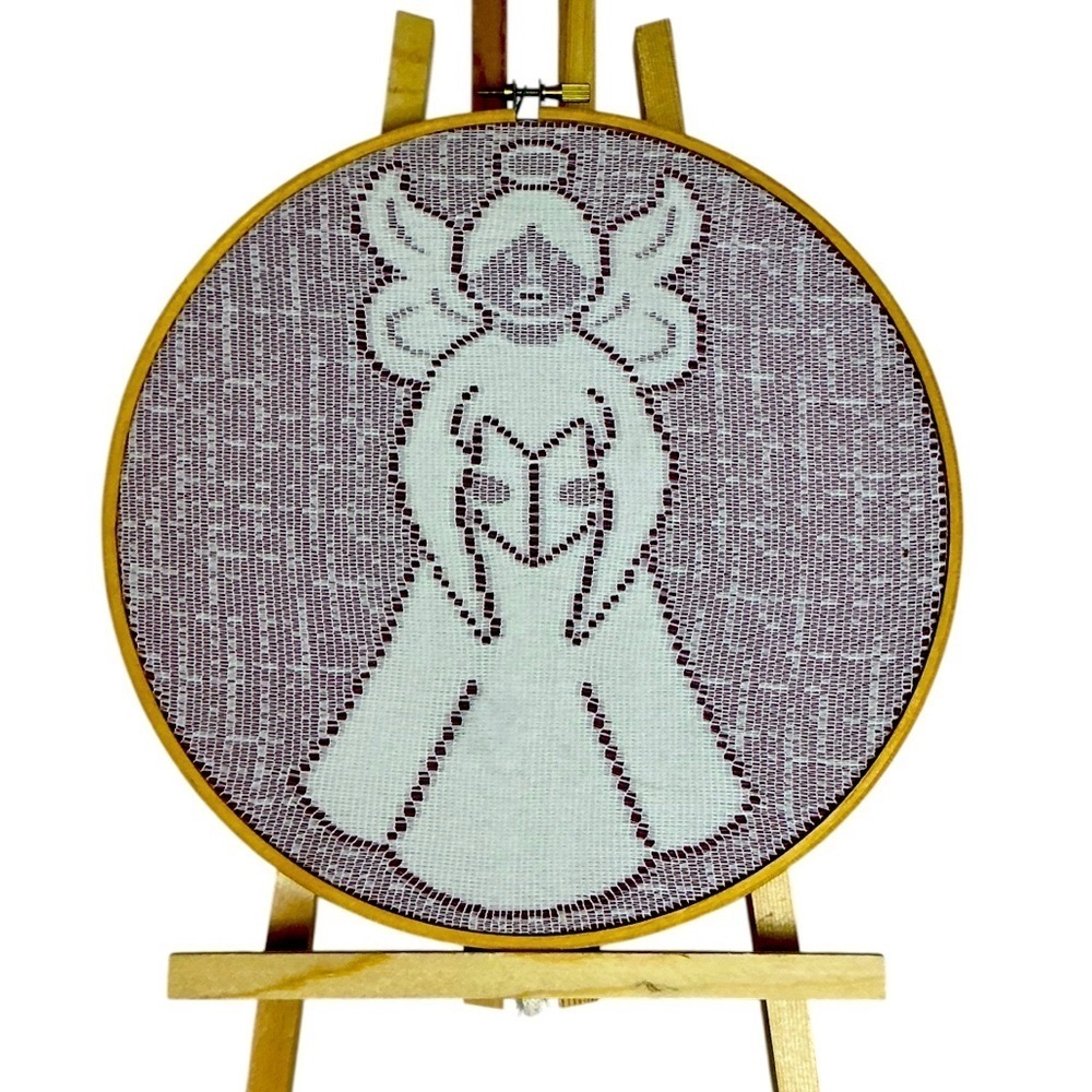 Angel Embroidery Wood Hoop Vintage Holiday Wall Art White Burgundy Plum 9”